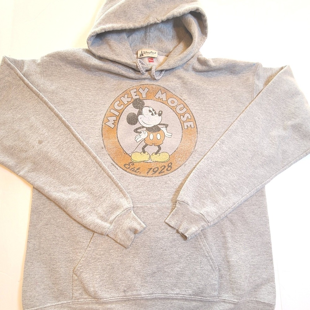 Disney Parks Mickey Mouse Mens M Gray Hoodie Est 1928 Hanes Graphic Sweatshirt